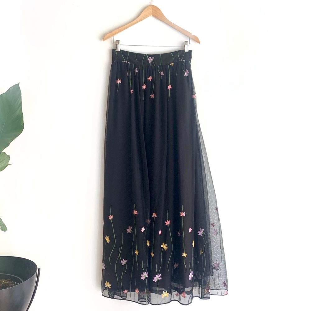 Black Tulle Maxi Skirt with embroidered floral border Vintage 90s balletcore